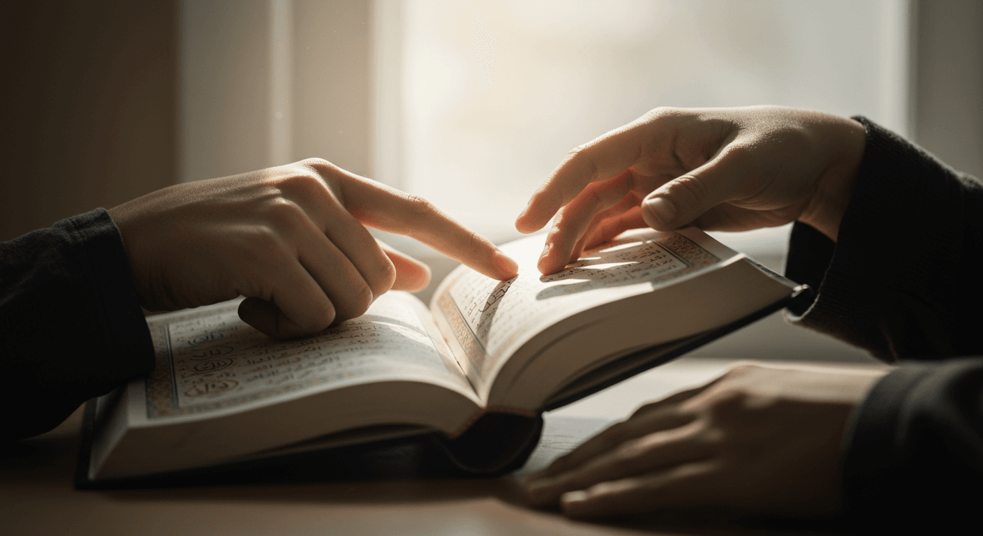 Two readers following the text of an open muṣḥaf